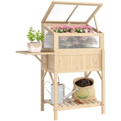Outsunny Carré Potager sur Pieds avec Serre 104 x 50 x 120 cm Bois Naturel Jardinière Surélevée en Bois, Table Latérale Pliante, Étagère de Rangement, pour Légumes, Fleurs, Herbes Outsunny Carré Potager sur Pieds avec Serre 104 x 50 x 120 cm Bois Naturel Jardinière Surélevée en Bois, Table Latérale Pliante, Étagère de Rangement, pour Légumes, Fleurs, Herbes