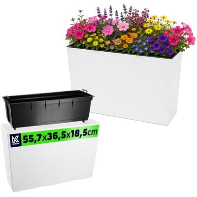KADAX Jardinière en plastique, 18,5 x 55,7 cm, 5 couleurs, pot de fleurs avec rubans d'irrigation, jardinière de balcon avec insert, pour extérieur, (rectangulaire, motif rainuré, blanc) KADAX Jardinière en plastique, 18,5 x 55,7 cm, 5 couleurs, pot de fleurs avec rubans d'irrigation, jardinière de balcon avec insert, pour extérieur, (rectangulaire, motif rainuré, blanc)
