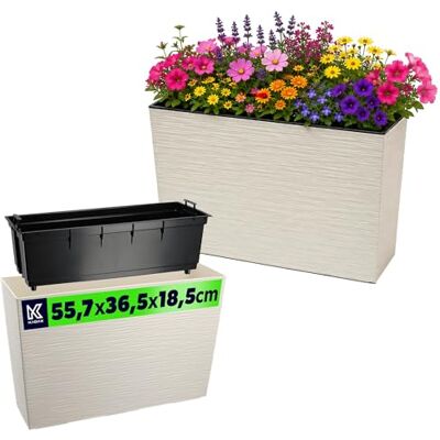 KADAX Jardinière en plastique, 18,5 x 55,7 cm, 5 couleurs, pot de fleurs avec rubans d'irrigation, jardinière de balcon avec insert, pour extérieur (rectangulaire, motif rainuré, crème) KADAX Jardinière en plastique, 18,5 x 55,7 cm, 5 couleurs, pot de fleurs avec rubans d'irrigation, jardinière de balcon avec insert, pour extérieur (rectangulaire, motif rainuré, crème)