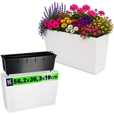 KADAX Jardinière en plastique, 18,5 x 55,7 cm, 5 couleurs, pot avec rubans d'irrigation, balcon, extérieur, blanc, rectangulaire, brillant KADAX Jardinière en plastique, 18,5 x 55,7 cm, 5 couleurs, pot avec rubans d'irrigation, balcon, extérieur, blanc, rectangulaire, brillant