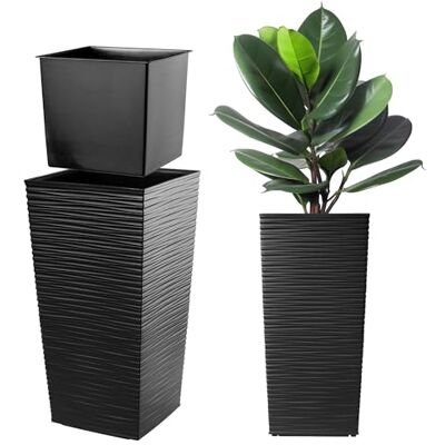KADAX Pot de Fleurs avec Doublure, Hauteur 57.5cm, 29.5x29.5cm, env. 24L Noir Rotin Intérieur et Extérieur KADAX Pot de Fleurs avec Doublure, Hauteur 57.5cm, 29.5x29.5cm, env. 24L Noir Rotin Intérieur et Extérieur