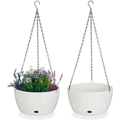 Relaxdays Lot de 2 pots de fleurs suspendus avec réservoir d'eau En plastique Blanc 67 x 28,5 cm Pour l'extérieur et l'intérieur Relaxdays Lot de 2 pots de fleurs suspendus avec réservoir d'eau En plastique Blanc 67 x 28,5 cm Pour l'extérieur et l'intérieur