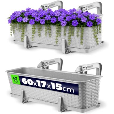 KADAX Pot de balcon avec socle, bac à plantes, jardinière pour balcon avec ouvertures d'eau, bac à fleurs pour roses, lauriers roses, imitation rotin (60 cm, avec poignées, gris clair) KADAX Pot de balcon avec socle, bac à plantes, jardinière pour balcon avec ouvertures d'eau, bac à fleurs pour roses, lauriers roses, imitation rotin (60 cm, avec poignées, gris clair)