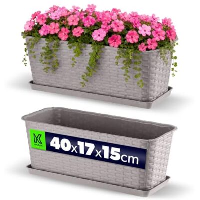 KADAX Pot de balcon avec socle, bac à plantes, jardinière de balcon avec ouvertures d'eau, bac à fleurs pour roses, lauriers roses, imitation rotin (40 cm, caramel) KADAX Pot de balcon avec socle, bac à plantes, jardinière de balcon avec ouvertures d'eau, bac à fleurs pour roses, lauriers roses, imitation rotin (40 cm, caramel)