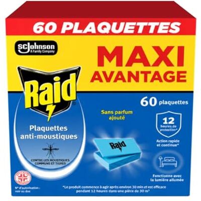 Raid Plaques anti-moustiques, 60 plaques sans odeur pour moustiques communs et tigres, jusqu'à 12 heures de protection, compatibles avec diffuseurs (1) Raid Plaques anti-moustiques, 60 plaques sans odeur pour moustiques communs et tigres, jusqu'à 12 heures de protection, compatibles avec diffuseurs (1)
