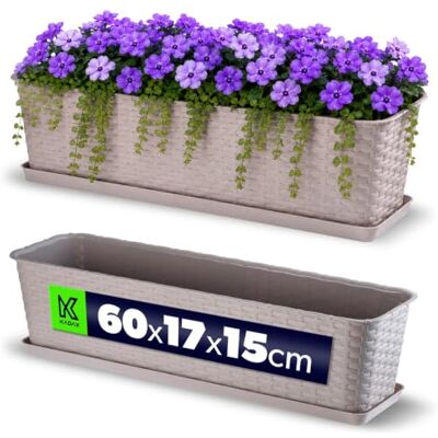 KADAX Pot de balcon avec socle, bac à plantes, jardinière de balcon avec ouvertures d'eau, bac à fleurs pour roses, lauriers roses, imitation rotin (60 cm, caramel) KADAX Pot de balcon avec socle, bac à plantes, jardinière de balcon avec ouvertures d'eau, bac à fleurs pour roses, lauriers roses, imitation rotin (60 cm, caramel)