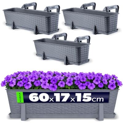 KADAX Lot de 3 jardinières pour fleurs et herbes, en plastique résistant, pour balcon (60 cm Graphite) KADAX Lot de 3 jardinières pour fleurs et herbes, en plastique résistant, pour balcon (60 cm Graphite)