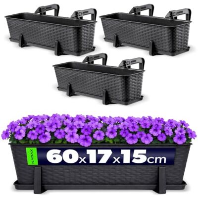 KADAX Lot de 3 jardinières pour fleurs et herbes, en plastique résistant, pour balcon (60 cm Anthracite) KADAX Lot de 3 jardinières pour fleurs et herbes, en plastique résistant, pour balcon (60 cm Anthracite)