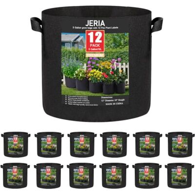 JERIA Lot de 12 sacs de culture pour plantes/fleurs/légumes, 19 L, pots en textile aéré avec poignées (noir), avec 12 étiquettes à plantes JERIA Lot de 12 sacs de culture pour plantes/fleurs/légumes, 19 L, pots en textile aéré avec poignées (noir), avec 12 étiquettes à plantes