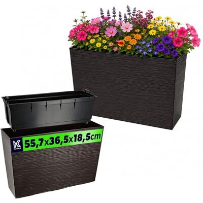 KADAX Jardinière en plastique, 18,5 x 55,7 cm, 5 couleurs, pot de fleurs avec rubans d'irrigation, jardinière de balcon avec insert, pour extérieur, (rectangulaire, motif rainuré, moka) KADAX Jardinière en plastique, 18,5 x 55,7 cm, 5 couleurs, pot de fleurs avec rubans d'irrigation, jardinière de balcon avec insert, pour extérieur, (rectangulaire, motif rainuré, moka)