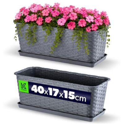 KADAX Pot de balcon avec socle, bac à plantes, jardinière pour balcon avec ouvertures d'eau, bac à fleurs pour roses, lauriers roses, imitation rotin (40 cm, graphite) KADAX Pot de balcon avec socle, bac à plantes, jardinière pour balcon avec ouvertures d'eau, bac à fleurs pour roses, lauriers roses, imitation rotin (40 cm, graphite)