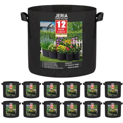 JERIA Lot de 12 sacs de culture pour plantes/fleurs/légumes, 11,4 L, pots en textile aéré avec poignées (noir), avec 12 étiquettes à plantes JERIA Lot de 12 sacs de culture pour plantes/fleurs/légumes, 11,4 L, pots en textile aéré avec poignées (noir), avec 12 étiquettes à plantes