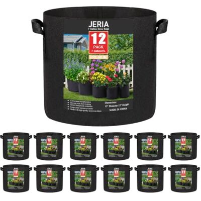 JERIA Lot de 12 sacs de culture pour légumes/fleurs/plantes, pots d'aération en tissu avec poignées (noir), livrés avec 12 étiquettes pour plantes JERIA Lot de 12 sacs de culture pour légumes/fleurs/plantes, pots d'aération en tissu avec poignées (noir), livrés avec 12 étiquettes pour plantes