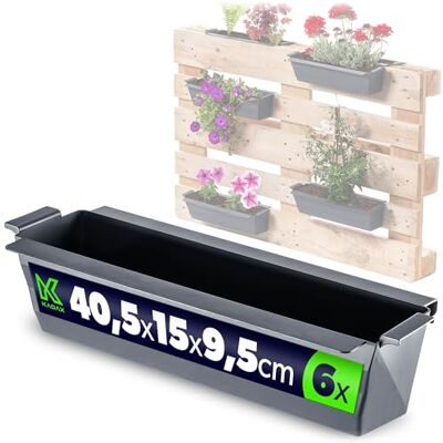 KADAX Lot de 6 jardinières pour palettes européennes, bac à plantes, avec système de suspension, 37 x 9 cm, anthracite, idéal pour planter et décorer comme jardinière de balcon, insert de pot de KADAX Lot de 6 jardinières pour palettes européennes, bac à plantes, avec système de suspension, 37 x 9 cm, anthracite, idéal pour planter et décorer comme jardinière de balcon, insert de pot de