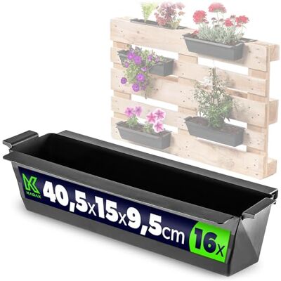 KADAX Lot de 16 jardinières pour palettes avec système de suspension, 37 x 9 cm, noir, à planter et décorer, bac à fleurs pour palettes européennes, insert de pot de fleurs et cache-pot dans les KADAX Lot de 16 jardinières pour palettes avec système de suspension, 37 x 9 cm, noir, à planter et décorer, bac à fleurs pour palettes européennes, insert de pot de fleurs et cache-pot dans les