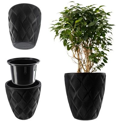 KADAX Pot de fleurs avec insert et poignées, en plastique, disponible en 5 tailles, résistant aux UV et aux intempéries, avec effet 3D, noir, bas KADAX Pot de fleurs avec insert et poignées, en plastique, disponible en 5 tailles, résistant aux UV et aux intempéries, avec effet 3D, noir, bas