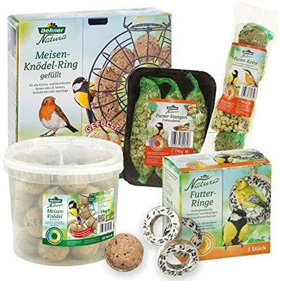 Dehner Natura Kit de démarrage de nourriture pour oiseaux sauvages, anneau de boules de graisse et mélange de nourriture 5 pièces Dehner Natura Kit de démarrage de nourriture pour oiseaux sauvages, anneau de boules de graisse et mélange de nourriture 5 pièces