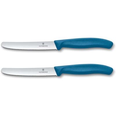 Victorinox Swiss Classic, Couteau à petit déjeuner, Couteau à pain, Lame tranchante, dentelée, 11 cm, Manche plastique, Acier inoxydable, Set 2 pièces, Bleu Victorinox Swiss Classic, Couteau à petit déjeuner, Couteau à pain, Lame tranchante, dentelée, 11 cm, Manche plastique, Acier inoxydable, Set 2 pièces, Bleu