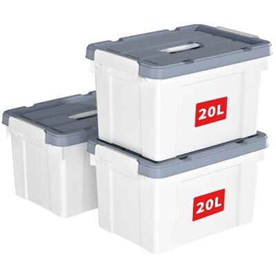 Cetomo Lot de 3 boîtes de rangement en plastique avec couvercles, boîte de rangement avec poignée et boucles de verrouillage sécurisées, empilables, emboîtables, pour vêtements de bureau à domicile, Cetomo Lot de 3 boîtes de rangement en plastique avec couvercles, boîte de rangement avec poignée et boucles de verrouillage sécurisées, empilables, emboîtables, pour vêtements de bureau à domicile,