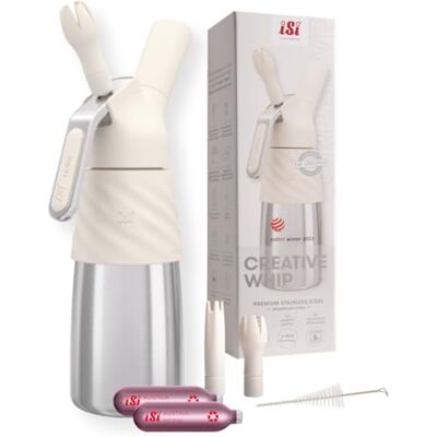 iSi Creative Whip Siphon à crème, blanc ivoire, en acier inoxydable de qualité supérieure, avec 2 capsules à crème et 2 douilles à garnir pour crème, dessert et sauces salées Passe au iSi Creative Whip Siphon à crème, blanc ivoire, en acier inoxydable de qualité supérieure, avec 2 capsules à crème et 2 douilles à garnir pour crème, dessert et sauces salées Passe au