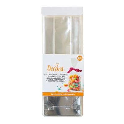 Decora 0855040 Lot de 10 sachets transparents en plastique pour aliments avec fond rigide en carton 75 + 40 x 220 H Mm, pour emballer des friandises, biscuits et bon Decora 0855040 Lot de 10 sachets transparents en plastique pour aliments avec fond rigide en carton 75 + 40 x 220 H Mm, pour emballer des friandises, biscuits et bon