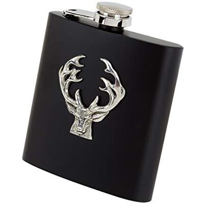 Farm Cottage Brands Flasque rectangulaire de 177 ml en acier inoxydable recouvert de cuir noir avec entonnoir dans une boîte de présentation – avec un motif en étain de tête de cerf et de bois Farm Cottage Brands Flasque rectangulaire de 177 ml en acier inoxydable recouvert de cuir noir avec entonnoir dans une boîte de présentation – avec un motif en étain de tête de cerf et de bois