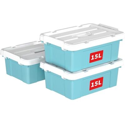 Cetomo 15L*3 Boîte de rangement en plastique, boîte fourre-tout, récipient d'organisation avec couvercle durable et boucles de verrouillage sécurisées, empilable et emboîtable, lot de 3, bleu boucle Cetomo 15L*3 Boîte de rangement en plastique, boîte fourre-tout, récipient d'organisation avec couvercle durable et boucles de verrouillage sécurisées, empilable et emboîtable, lot de 3, bleu boucle