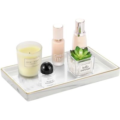 Luxspire Plateau de courtoisie de salle de bain, plateau rectangulaire en céramique à bord doré, support de plat pour comptoir de cuisine, plateau de rangement pour bougies, parfum, décoration Luxspire Plateau de courtoisie de salle de bain, plateau rectangulaire en céramique à bord doré, support de plat pour comptoir de cuisine, plateau de rangement pour bougies, parfum, décoration