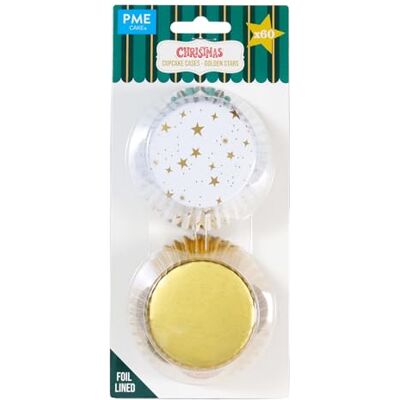 PME Lot de 60 caissettes à cupcakes de Noël doublées d'aluminium Motif étoiles dorées PME Lot de 60 caissettes à cupcakes de Noël doublées d'aluminium Motif étoiles dorées