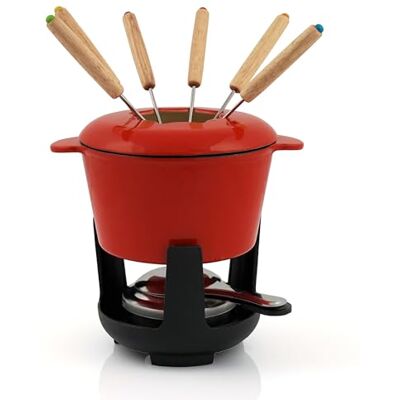 BBQ-Toro Service à Fondue en Fonte pour 6 Personnes (Rouge/crème émaillée) 1 Litre Service à Fondue 13 pièces avec brûleur et fourchettes BBQ-Toro Service à Fondue en Fonte pour 6 Personnes (Rouge/crème émaillée) 1 Litre Service à Fondue 13 pièces avec brûleur et fourchettes
