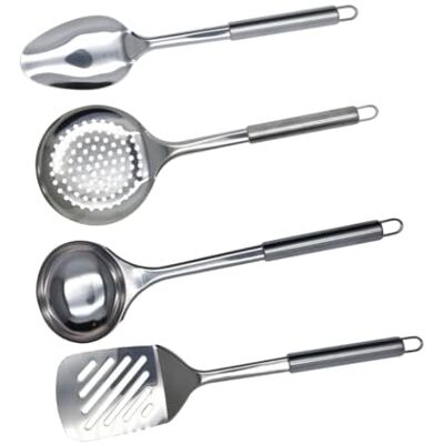 Fackelmann 9908150 Lot de 4 ustensiles de Cuisine en INOX, louche de Cuisine, écumoire, spatule de Cuisine, cuillère de Cuisine, Acier Inoxydable, 33,5 x 8 cm Fackelmann 9908150 Lot de 4 ustensiles de Cuisine en INOX, louche de Cuisine, écumoire, spatule de Cuisine, cuillère de Cuisine, Acier Inoxydable, 33,5 x 8 cm