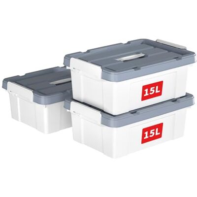 Cetomo Lot de 3 boîtes de rangement en plastique avec couvercles, boîte de rangement avec poignée et boucles de verrouillage sécurisées, empilables, emboîtables, pour vêtements de bureau à domicile, Cetomo Lot de 3 boîtes de rangement en plastique avec couvercles, boîte de rangement avec poignée et boucles de verrouillage sécurisées, empilables, emboîtables, pour vêtements de bureau à domicile,