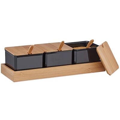 Relaxdays Lot de 3 boîtes à épices avec cuillère et couvercle, en plastique, bambou, sucrier avec plateau, noir Relaxdays Lot de 3 boîtes à épices avec cuillère et couvercle, en plastique, bambou, sucrier avec plateau, noir