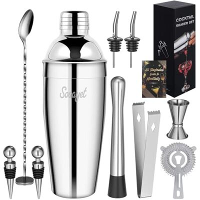 Sosayet Shaker Cocktail Kit, 750ML Shaker INOX Professionnel avec Doseur et Accessoires, Kit Barman pour Gin, Mojito, Martini, Cadeau pour Femme et Homme Sosayet Shaker Cocktail Kit, 750ML Shaker INOX Professionnel avec Doseur et Accessoires, Kit Barman pour Gin, Mojito, Martini, Cadeau pour Femme et Homme