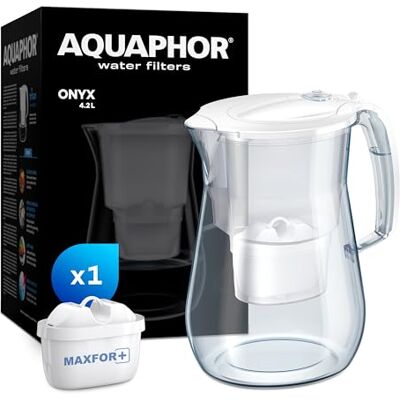 AQUAPHOR Filtre à eau Onyx blanc avec 1 filtre MAXFOR+ I Filtre à eau 4,2 l aspect verre pour carafe I Réduit le calcaire et le chlore I Parfait pour la famille I Qualité supérieure I Récipient AQUAPHOR Filtre à eau Onyx blanc avec 1 filtre MAXFOR+ I Filtre à eau 4,2 l aspect verre pour carafe I Réduit le calcaire et le chlore I Parfait pour la famille I Qualité supérieure I Récipient