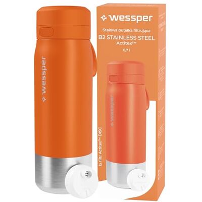 Wessper gourde filtrante eau en inox 700ml, avec filtre ActitexDisc Orange bouteille avec cartouche filtre eau charbon actif, Indicateur de changement de filtre a eau, Réduit le Chlore Wessper gourde filtrante eau en inox 700ml, avec filtre ActitexDisc Orange bouteille avec cartouche filtre eau charbon actif, Indicateur de changement de filtre a eau, Réduit le Chlore