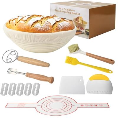 BUCOMTU Lot de 10 paniers de levain, panier de levain, en rotin naturel, 23 cm, panier de levain, avec spatule et brosse de cuisine, pour cuire le pain BUCOMTU Lot de 10 paniers de levain, panier de levain, en rotin naturel, 23 cm, panier de levain, avec spatule et brosse de cuisine, pour cuire le pain