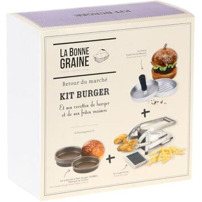 La Bonne Graine 1 Coupe-frites 1 presse steak haché 4 moules à pain burger GOBEL 29 x 14 x 29 cm Fabriqué en France La Bonne Graine 1 Coupe-frites 1 presse steak haché 4 moules à pain burger GOBEL 29 x 14 x 29 cm Fabriqué en France