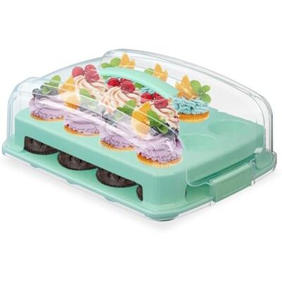Relaxdays Muffin Boîte de transport pour 24 cupcakes et muffins, 2 étages, poignée de transport, h x l x p : 16 x 37,5 x 28,5 cm, turquoise Relaxdays Muffin Boîte de transport pour 24 cupcakes et muffins, 2 étages, poignée de transport, h x l x p : 16 x 37,5 x 28,5 cm, turquoise
