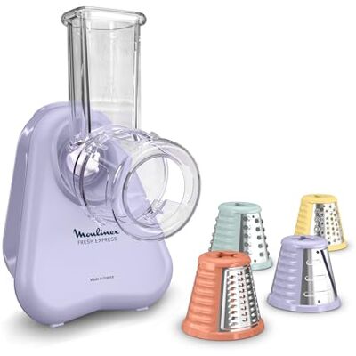 Moulinex Fresh Express Découpe-légumes électrique 4 fonctions Lilas Râpe à légumes avec système Twist breveté, service direct 4 cônes inox pour trancher, émincer, couper et râper vos aliments Moulinex Fresh Express Découpe-légumes électrique 4 fonctions Lilas Râpe à légumes avec système Twist breveté, service direct 4 cônes inox pour trancher, émincer, couper et râper vos aliments