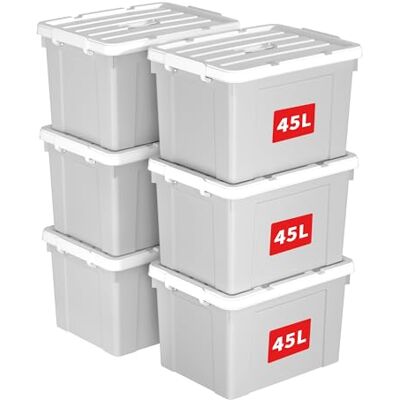 Cetomo 45L * 6 Boîte de rangement en plastique, boîte fourre-tout, récipient d'organisation avec couvercle durable et boucles de verrouillage sécurisées, empilable et emboîtable, lot de 6 Cetomo 45L * 6 Boîte de rangement en plastique, boîte fourre-tout, récipient d'organisation avec couvercle durable et boucles de verrouillage sécurisées, empilable et emboîtable, lot de 6