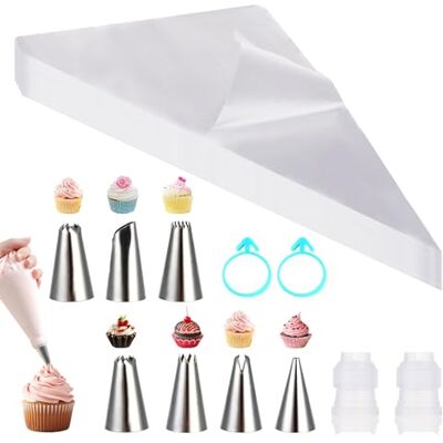 CRESZZLE Lot de 100 poches à douille jetables avec douilles de 30 x 20 cm + 6 douilles + 2 coupleurs de gâteau + 2 serre-câbles en silicone, grand kit de sacs pour décorer gâteaux, biscuits, cupcakes CRESZZLE Lot de 100 poches à douille jetables avec douilles de 30 x 20 cm + 6 douilles + 2 coupleurs de gâteau + 2 serre-câbles en silicone, grand kit de sacs pour décorer gâteaux, biscuits, cupcakes