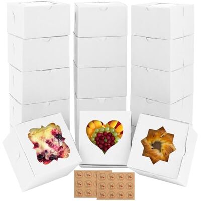 FORETOGO Lot de 18 boîtes à gâteau en papier blanc 10 × 10 × 6,5 cm Avec trois formes de fenêtre et 24 feuilles avec autocollants Boîtes à gâteaux en papier pliables pour pâtisseries, biscuits, desserts FORETOGO Lot de 18 boîtes à gâteau en papier blanc 10 × 10 × 6,5 cm Avec trois formes de fenêtre et 24 feuilles avec autocollants Boîtes à gâteaux en papier pliables pour pâtisseries, biscuits, desserts