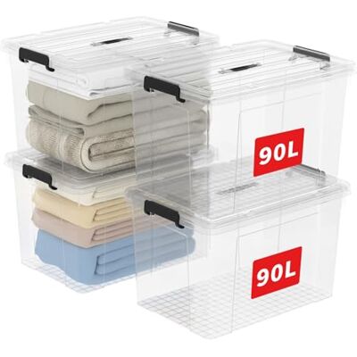 Cetomo Lot de 4 boîtes de rangement en plastique avec couvercles, 90 L x 4 pièces, récipient d'organisation avec poignée et boucles de verrouillage sécurisées, empilables, emboîtables, bacs Cetomo Lot de 4 boîtes de rangement en plastique avec couvercles, 90 L x 4 pièces, récipient d'organisation avec poignée et boucles de verrouillage sécurisées, empilables, emboîtables, bacs