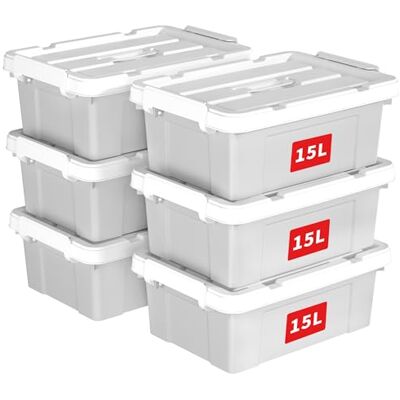Cetomo Lot de 6 boîtes de rangement en plastique avec couvercles, boîte de rangement avec poignée et boucles de verrouillage sécurisées, empilables, emboîtables, pour vêtements de bureau à domicile, Cetomo Lot de 6 boîtes de rangement en plastique avec couvercles, boîte de rangement avec poignée et boucles de verrouillage sécurisées, empilables, emboîtables, pour vêtements de bureau à domicile,