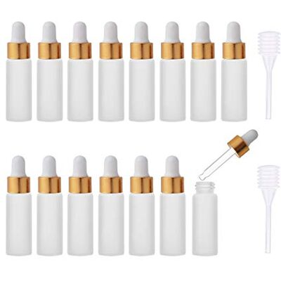Enslz Lot de 15 mini flacons compte-gouttes vides en verre dépoli réutilisables avec bouchon à vis en métal et poire en caoutchouc 5 ml Doré Enslz Lot de 15 mini flacons compte-gouttes vides en verre dépoli réutilisables avec bouchon à vis en métal et poire en caoutchouc 5 ml Doré