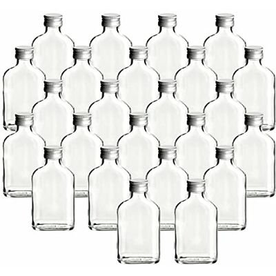 gouveo Lot de 24 bouteilles en verre flasque de 100 ml avec bouchon à vis argenté petite bouteille 0,1 l à remplir bouteilles d'alcool vides pour liqueur, whisky, gin, brandy, cognac (FF100S) gouveo Lot de 24 bouteilles en verre flasque de 100 ml avec bouchon à vis argenté petite bouteille 0,1 l à remplir bouteilles d'alcool vides pour liqueur, whisky, gin, brandy, cognac (FF100S)