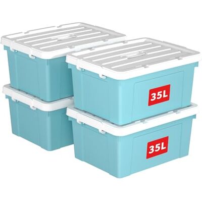 Cetomo 35L*4 Boîte de rangement en plastique, boîte fourre-tout, récipient d'organisation avec couvercle durable et boucles de verrouillage sécurisées, empilable et emboîtable, lot de 4, bleu boucle Cetomo 35L*4 Boîte de rangement en plastique, boîte fourre-tout, récipient d'organisation avec couvercle durable et boucles de verrouillage sécurisées, empilable et emboîtable, lot de 4, bleu boucle