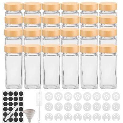 Withosent Lot de 24 pots à épices ronds en verre de 100 ml avec bouchon à visser, récipient à épices avec bac à saupoudrer, étiquettes, entonnoirs, brosse Withosent Lot de 24 pots à épices ronds en verre de 100 ml avec bouchon à visser, récipient à épices avec bac à saupoudrer, étiquettes, entonnoirs, brosse