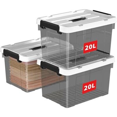 Cetomo 20L * 3, Boîte de rangement en plastique, boîte fourre-tout, récipient d'organisation avec couvercle durable et boucles de verrouillage sécurisées, Lot de 3, noir transparent avec boucle noire Cetomo 20L * 3, Boîte de rangement en plastique, boîte fourre-tout, récipient d'organisation avec couvercle durable et boucles de verrouillage sécurisées, Lot de 3, noir transparent avec boucle noire